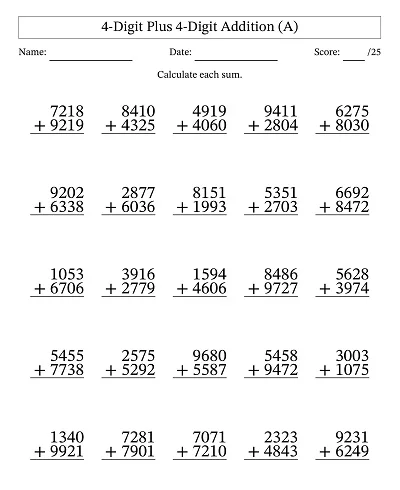 4-Digit Plus 4-Digit Addition Worksheet