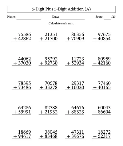 5-Digit Plus 5-Digit Addition Worksheet