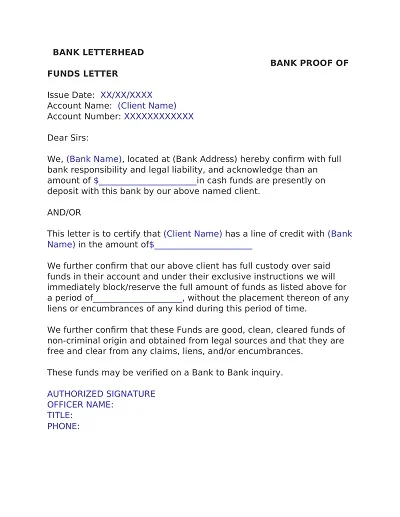 Bank Personal Proof Of Funds Letter