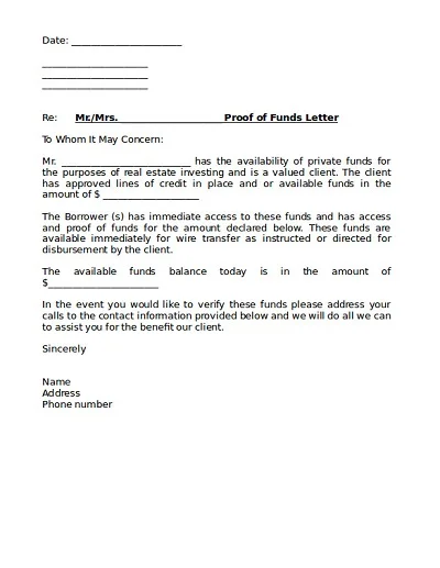 Basic Proof of Funds Letter Template