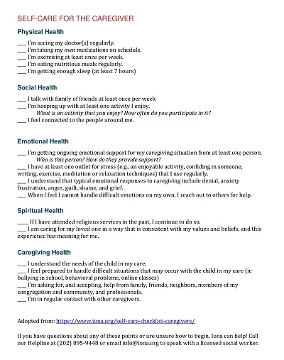 Caregiver Self Care Checklist Tenplate