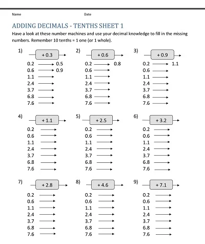 Decimal Addition Worksheet