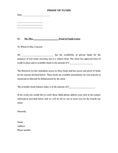 Deposit Proof Of Funds Letter Template