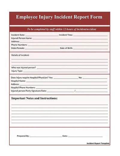 Employee Injury Incident Report Form