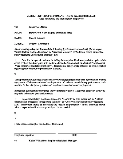 Employee Reprimand Letter Template