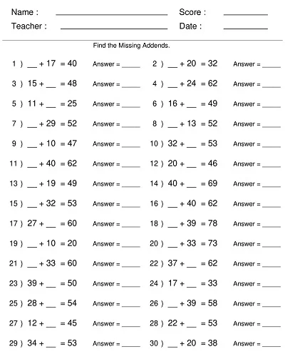 Missing Addend Addition Worksheet