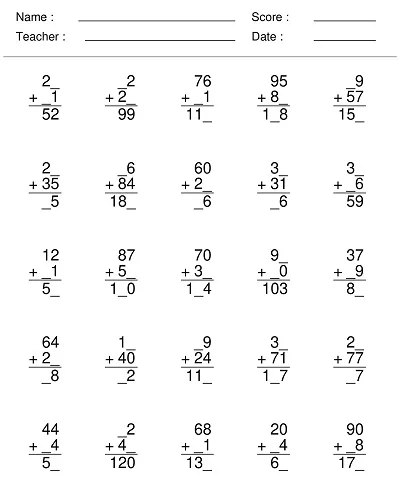 Missing Digit Addition Worksheet