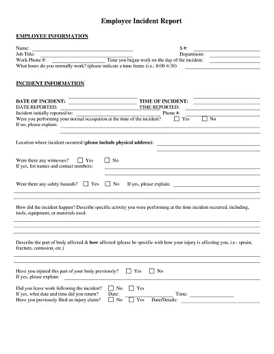 Printable Employee Incident Report