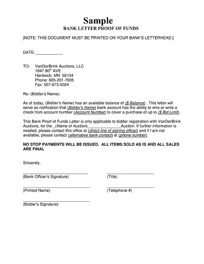 Proof of Funds Letter From Bank Template