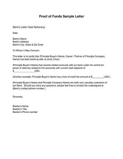 Sample Proof of Funds Letter Template