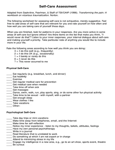 Self-Care Assessment Template