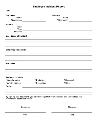 Standard Employee Incident Report Sheet