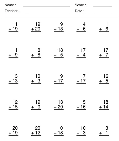 Zero to Twenty Addition Worksheet