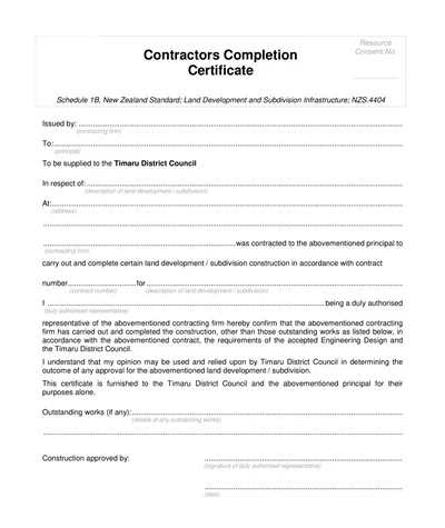 Contractors Work Completion Certificate