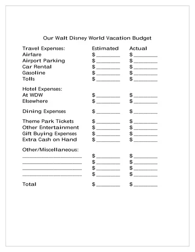 Disney Vacation Budget Template