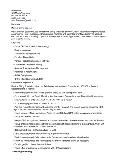 Medical Billing Specialist Resume Sample