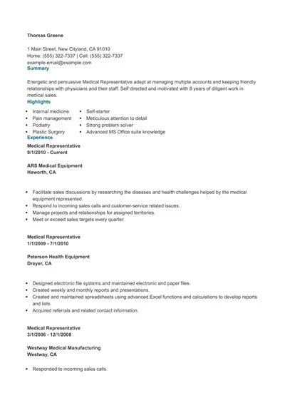 Medical Representative Resume Format