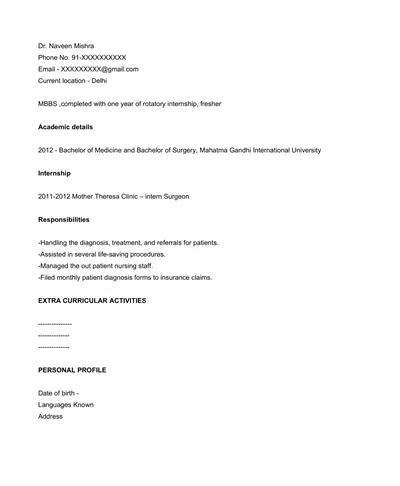 Medical Resume Template for Freshers