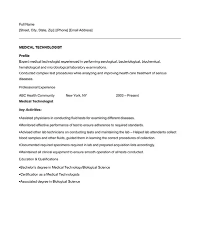 Medical Technologist Resume Template