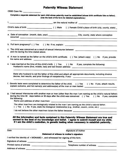 Paternity Witness Statement Form Template