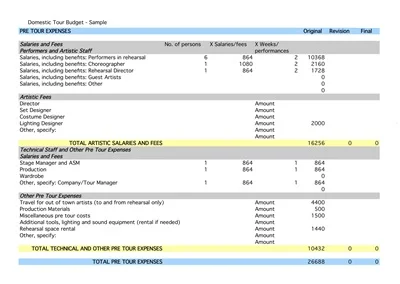 Sample Domestic Touring Budget Template