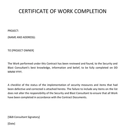 Simple Certificate of Work Completion