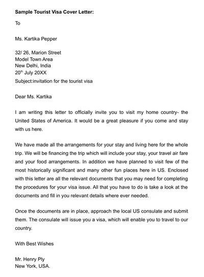 Simple Invitation Letter for Tourist Visa