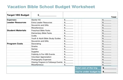 Vacation School Budget Worksheet