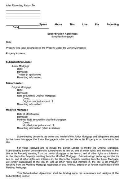 Mortgage Subordination Agreement Template