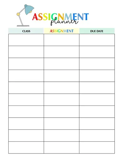 Assignment Planner Templates for Kids