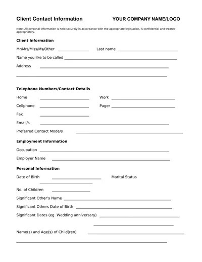 Client Information Fact Sheet Template