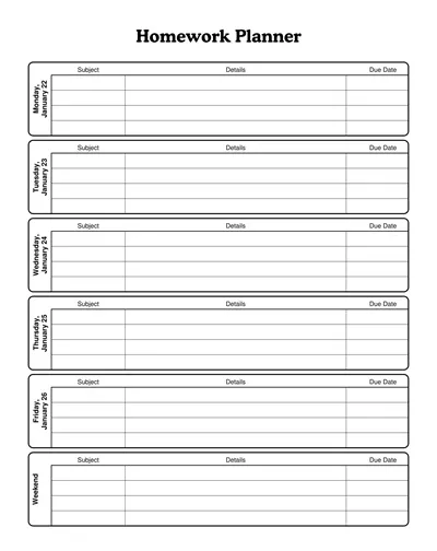 Five Day Homework Planner Template