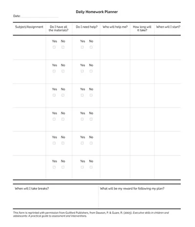 Simple Daily Homework Planner Template