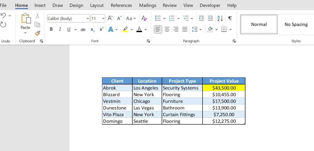 excel table pasted in word