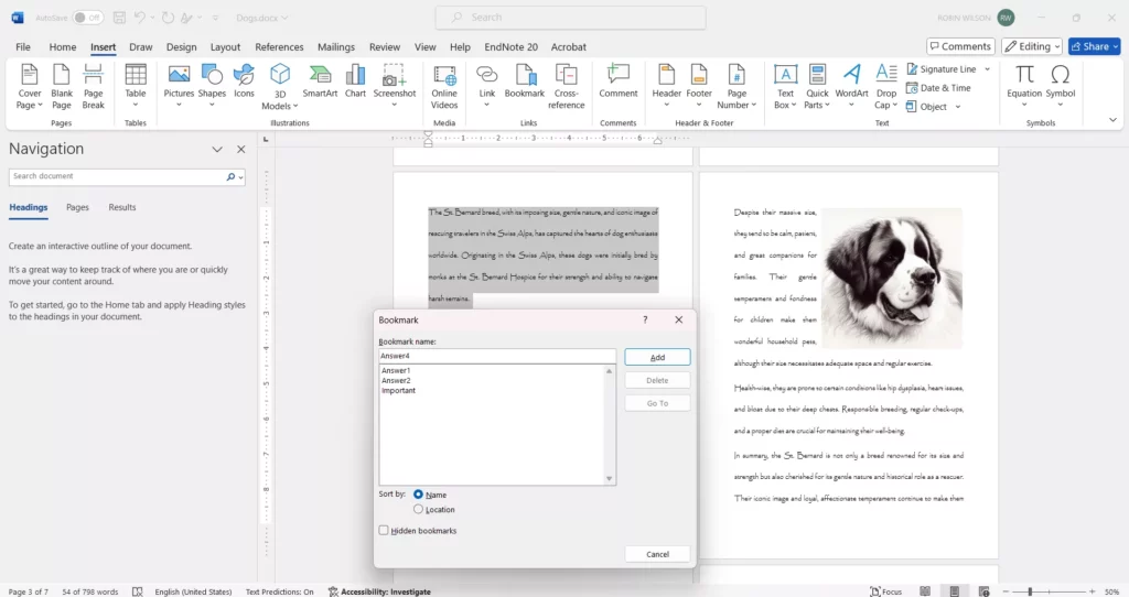 insert bookmark in word