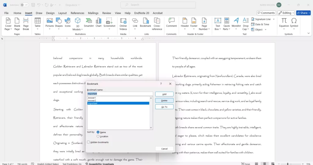 remove bookmarks in word