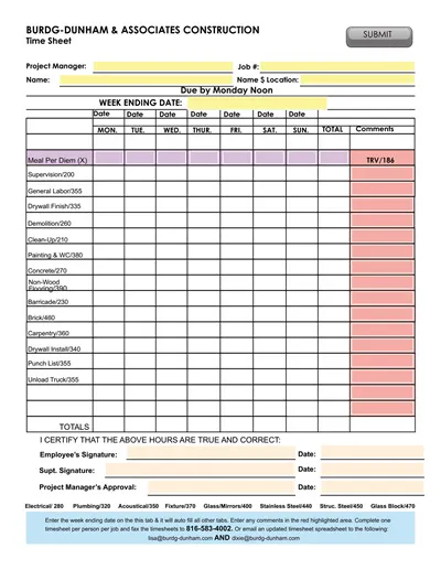 Construction Associate Timesheet Template