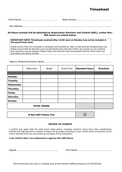 Construction Services Timesheet Template