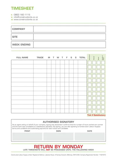 Construction Timesheet Template PDF