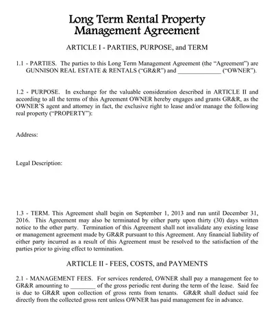 Long Term Rental Property Management Agreement