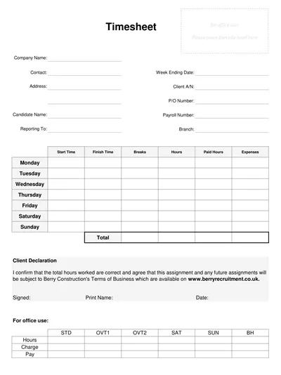 Sample Construction Timesheet Template