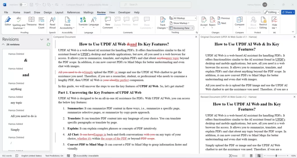 compare two word documents microsoft word