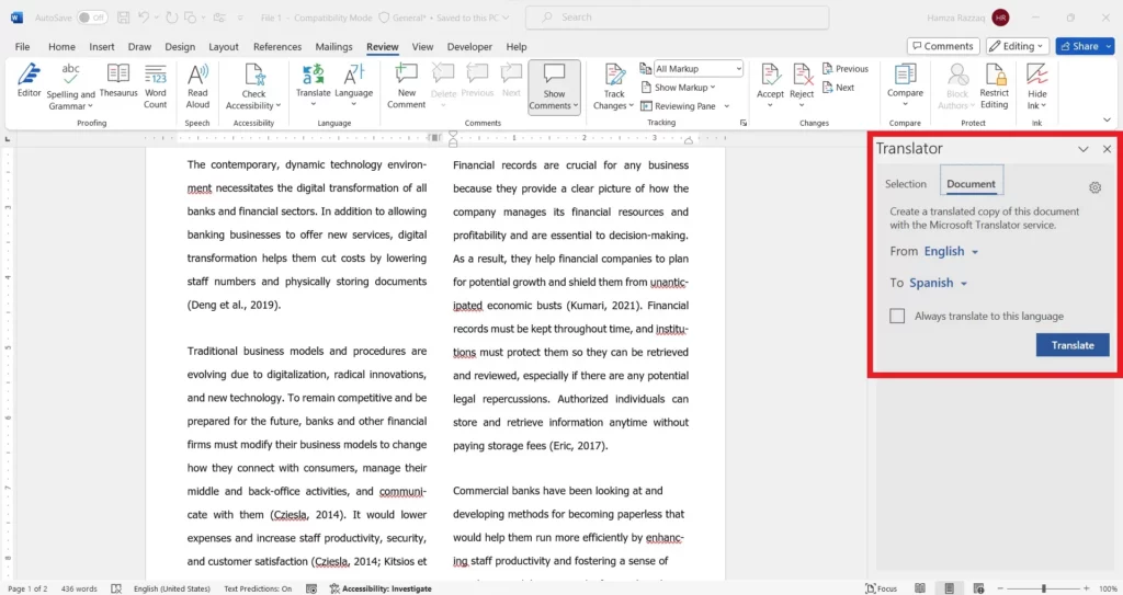 how to translate word document msword