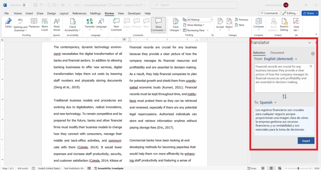 how to translate word document msword