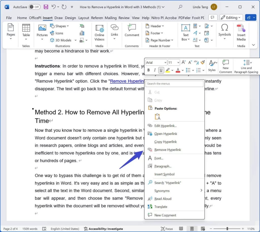 remove hyperlinks in word 01