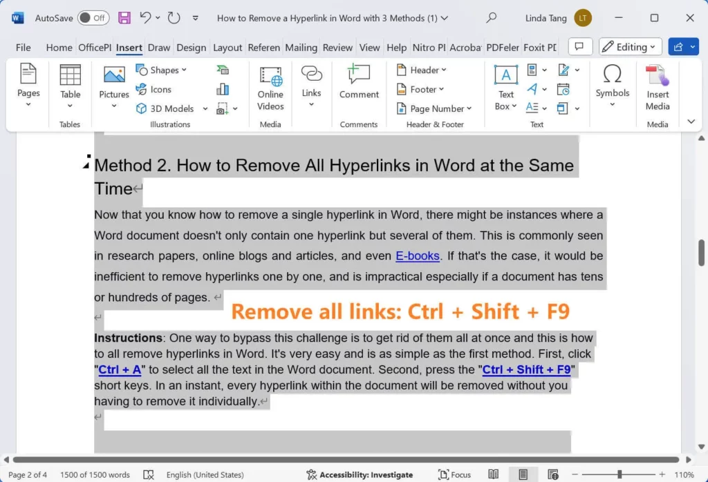 remove hyperlinks in word