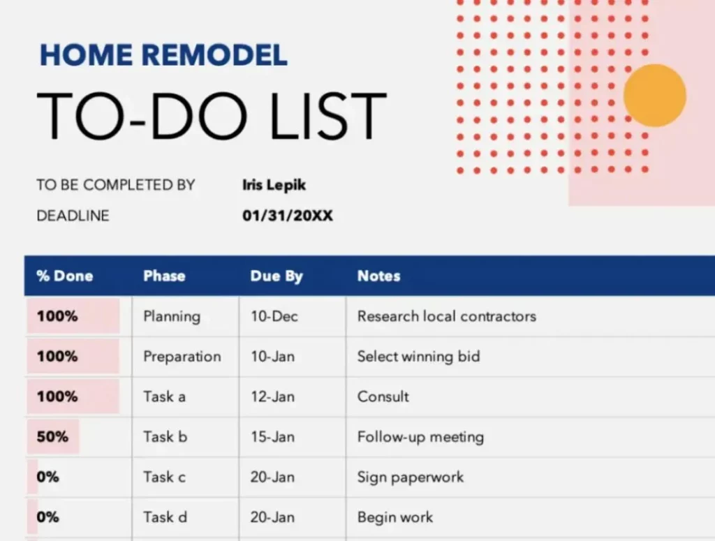 7. Home Remodel Progress Tracking Template Excel