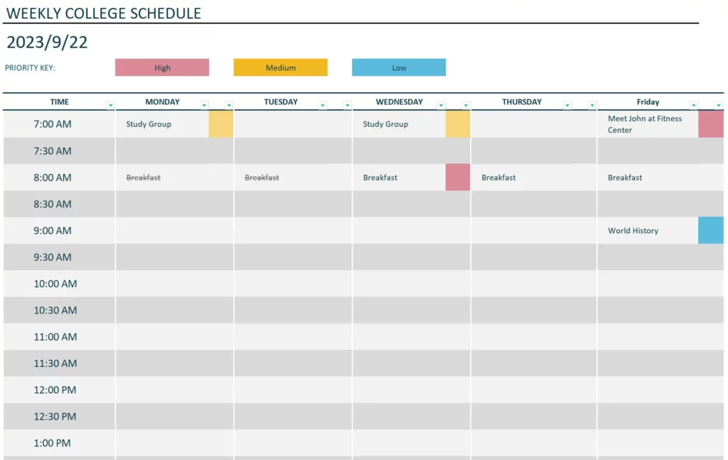 8. Weekly College Schedule Template