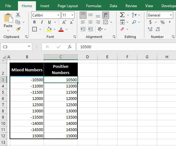 convert all the negative values into positive values flash fill