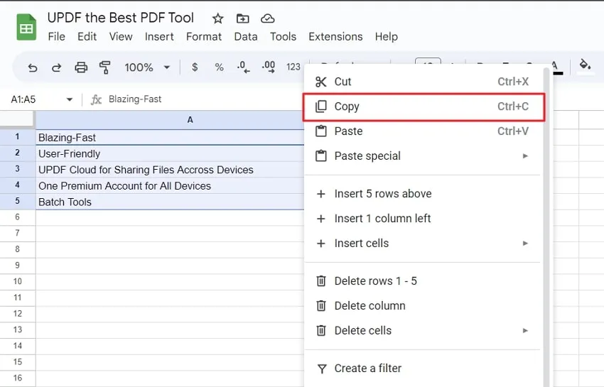 copy the google sheets data